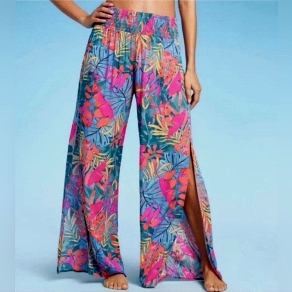 Kona Sol Medium Swim Coverup Pants Slit Pull On Colorful Palm Print